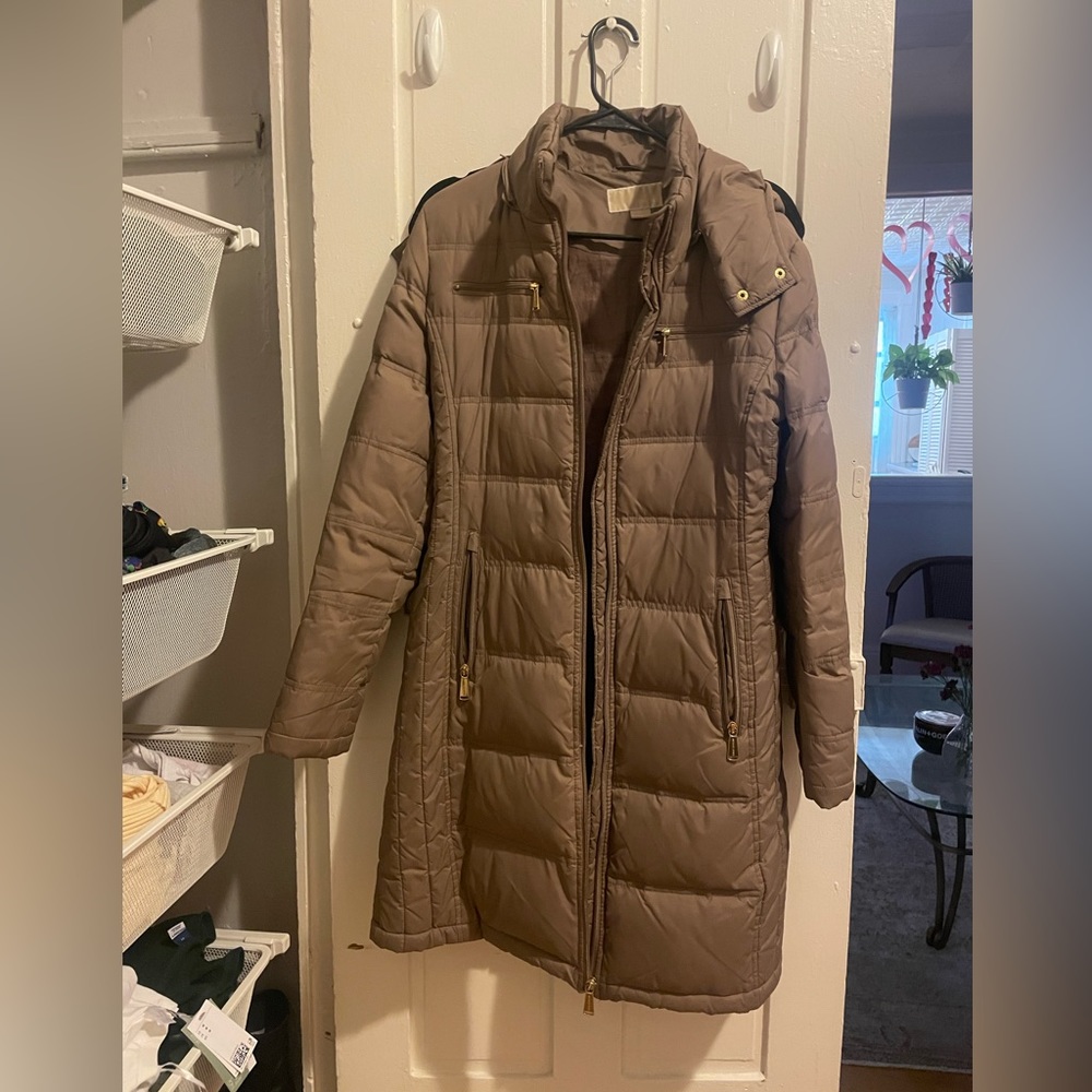 Michael Kors tan long puffer coat